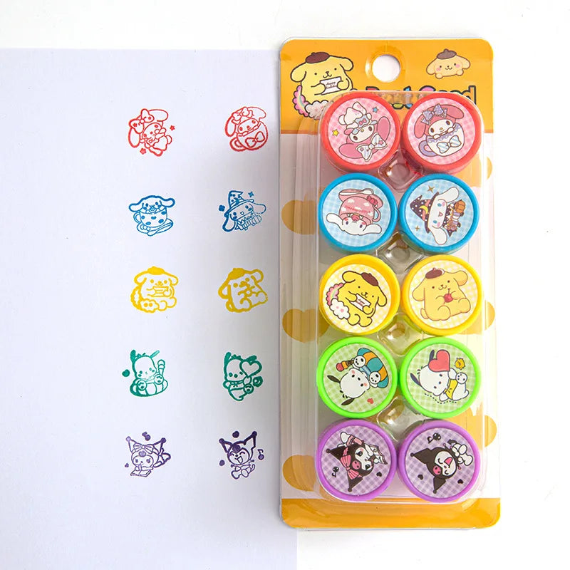 10Pcs/Set Sanrio Self-ink Stamps Cute Kuromi Melody Pompompurin Face Seal DIY Painting Photo Album Stamp Kids Toys