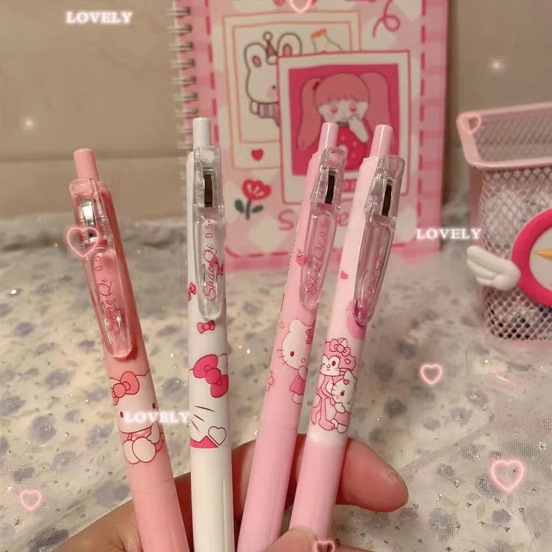 4Psc Sanrio Hello Kitty Anime 0.5mm Gel Pens Girls Stationery Pen Bulk Press Pen Kawaii Pink Student Supplies Kids Toy Gift